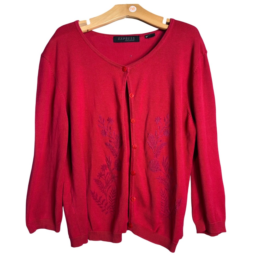 Express vintage 90s Red Embroidered Floral Button‎ Up Cardigan Sweater y2k